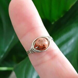 Orange Marble Stone Wire Wrapped Ring, Silver Size 7 Dainty Minimalist